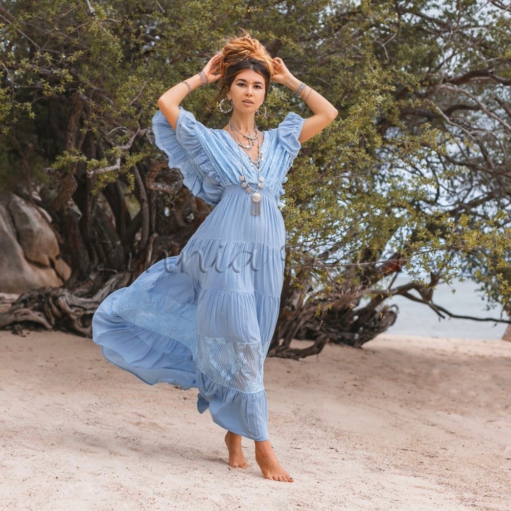 Lunette Lace trim Kaftan Pullover Dress Engagement Vacation Boho Maxi Dress Plus